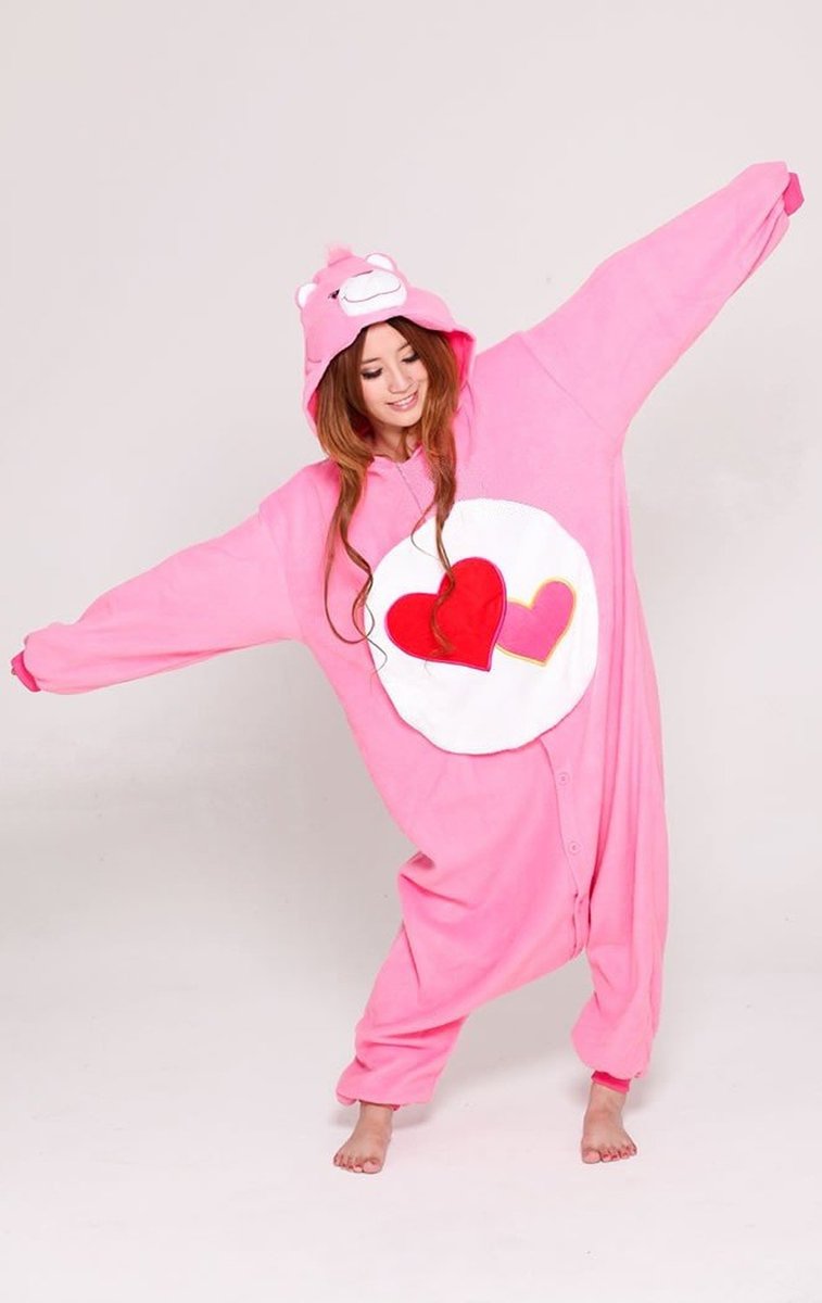 KIMU onesie Troetelbeer Love-a-Lot roze hartjes kinder pak Troetelbeertjes - maat 128-134 - berenpak beer pyama