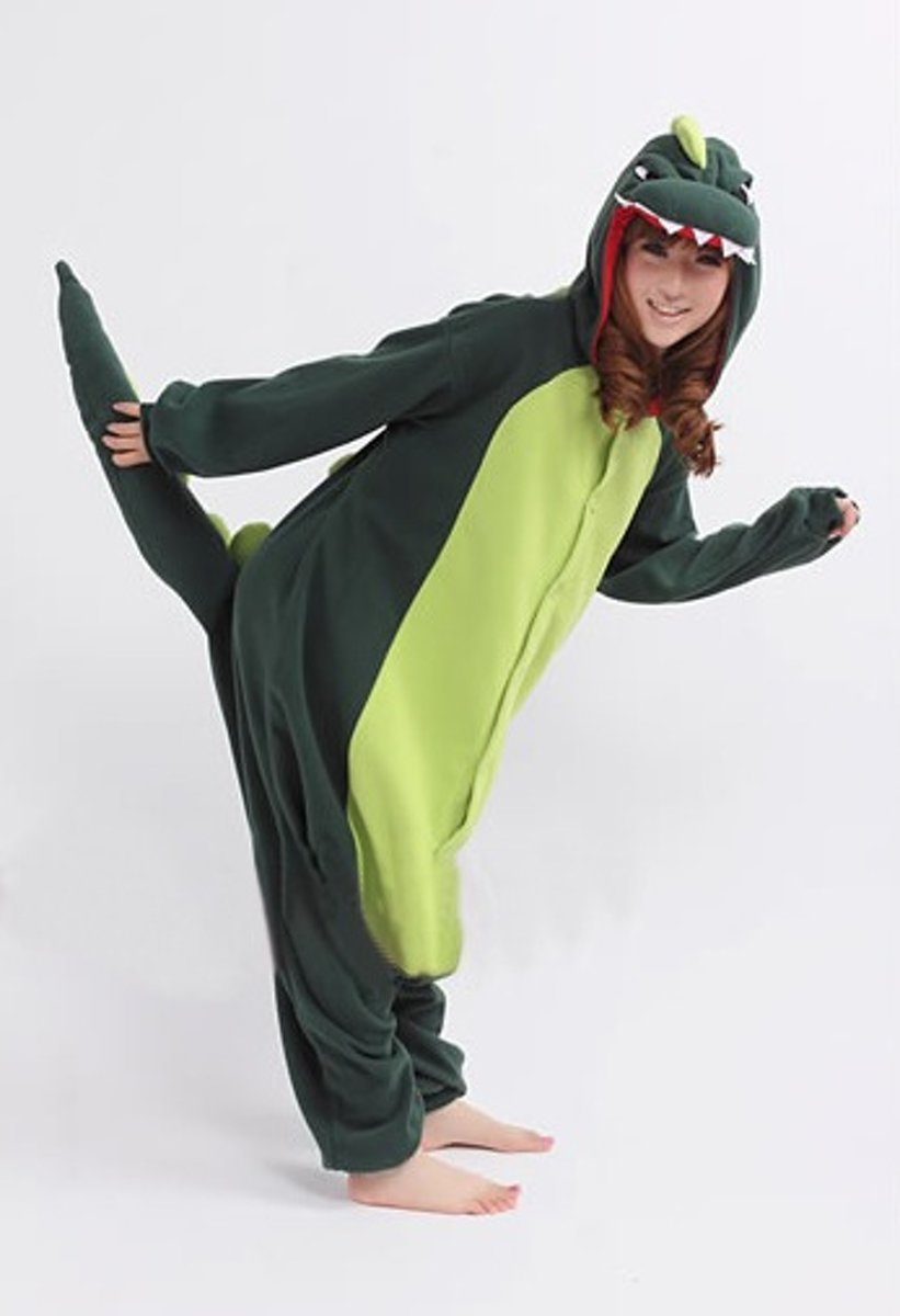 KIMU onesie groene draak pak kostuum krokodil dino - maat M-L - drakenpak jumpsuit huispak