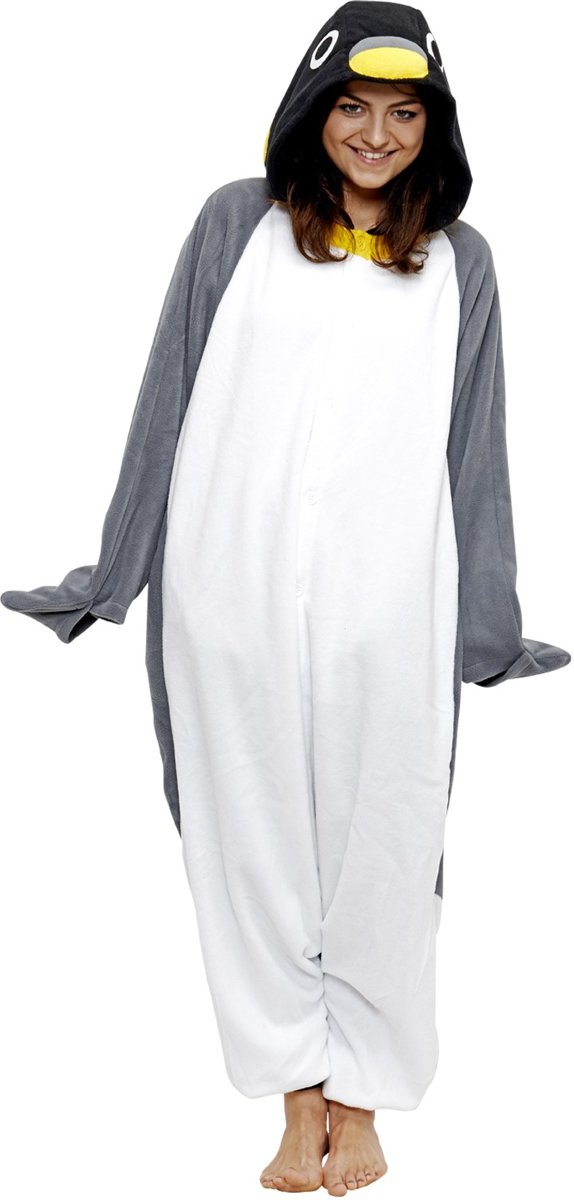 KIMU onesie pinguin pak grijs kostuum - maat M-L - pinguinpak jumpsuit huispak