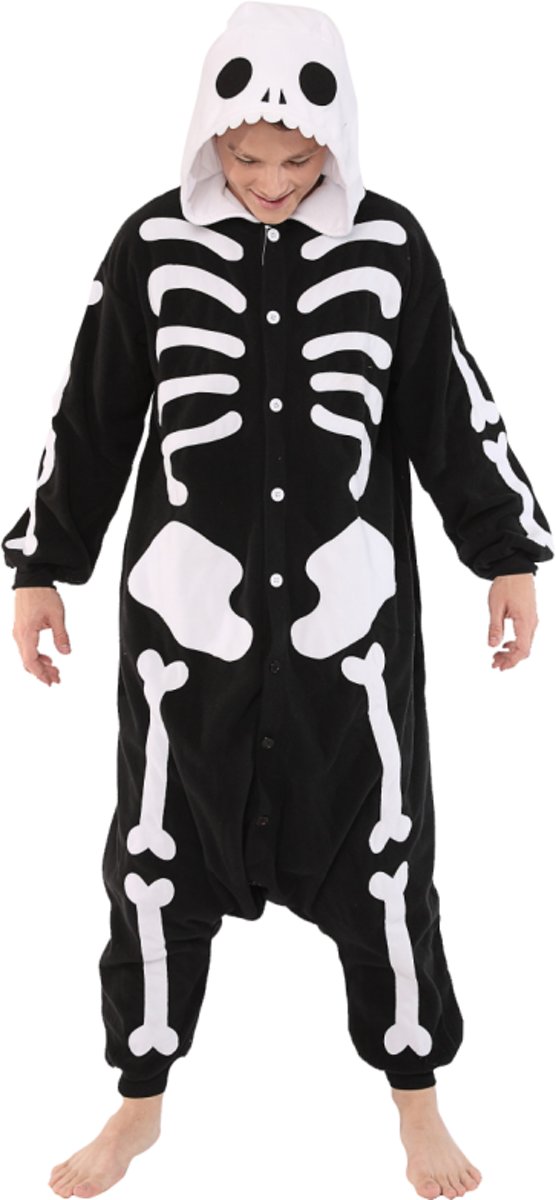 KIMU onesie skelet pak kostuum halloween - maat L-XL - jumpsuit huispak