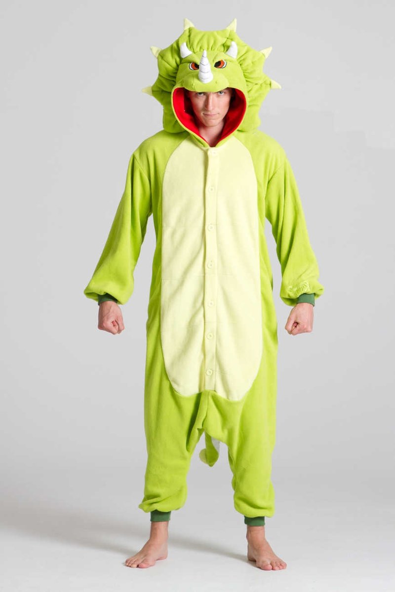 KIMU onesie triceratops pak kostuum dinosaurus - maat L-XL - dinosauruspak jumpsuit huispak