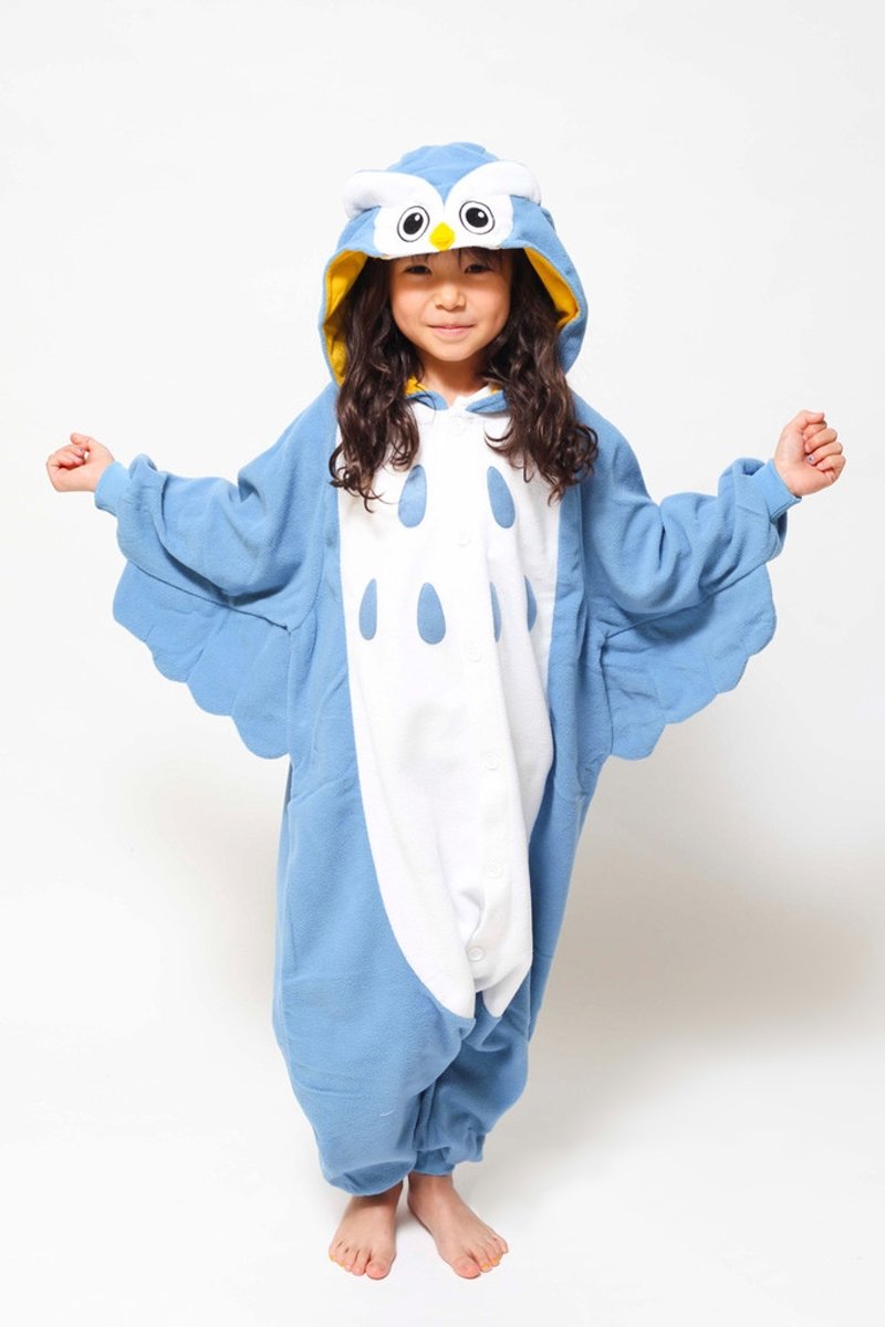 KIMU onesie uil kinder pakje blauw kostuum - maat 110-116 - jumpsuit pyama uilenpakje