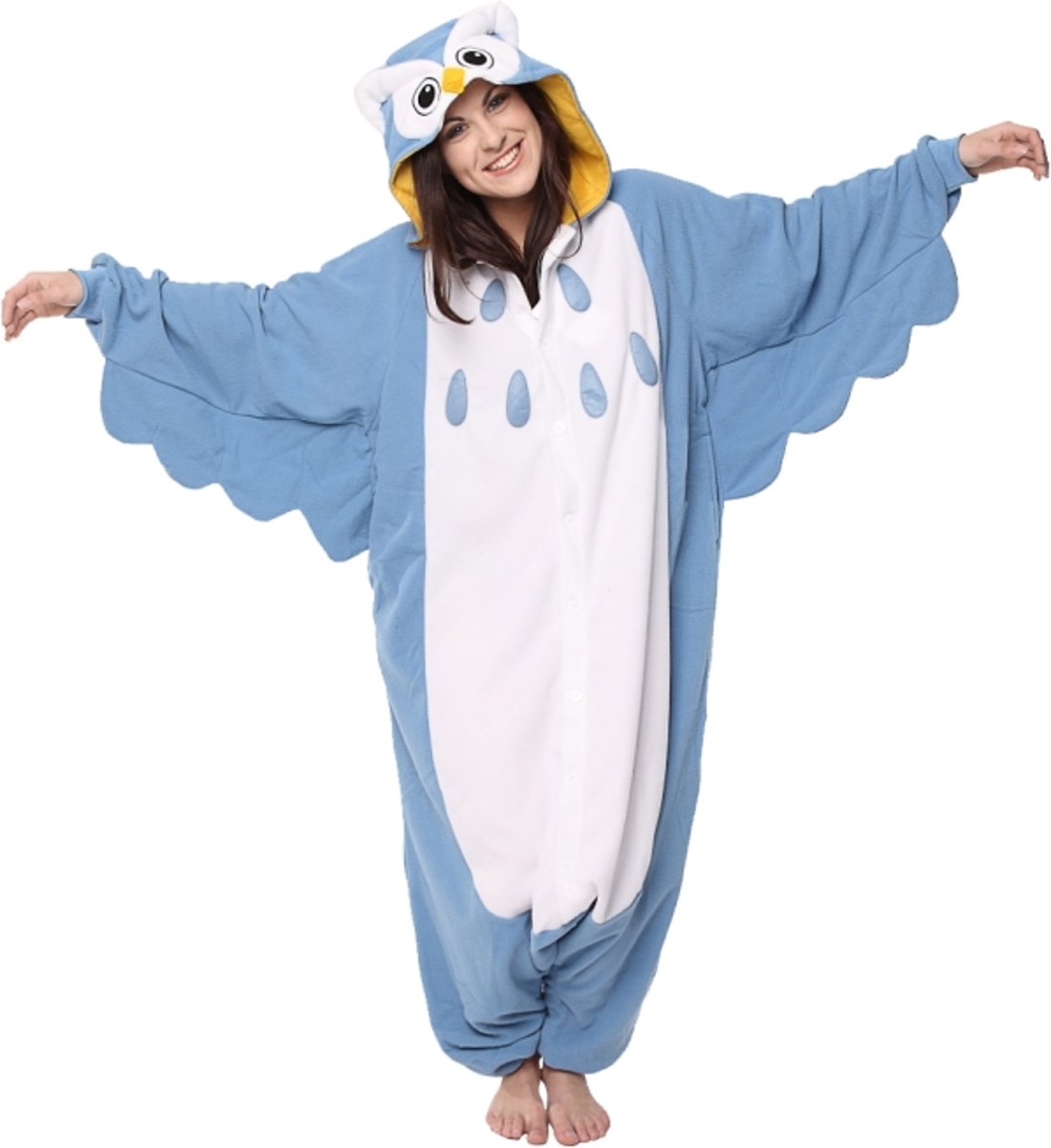 KIMU onesie uil pak blauw kostuum - maat XL-XXL - jumpsuit huispak uilenpak