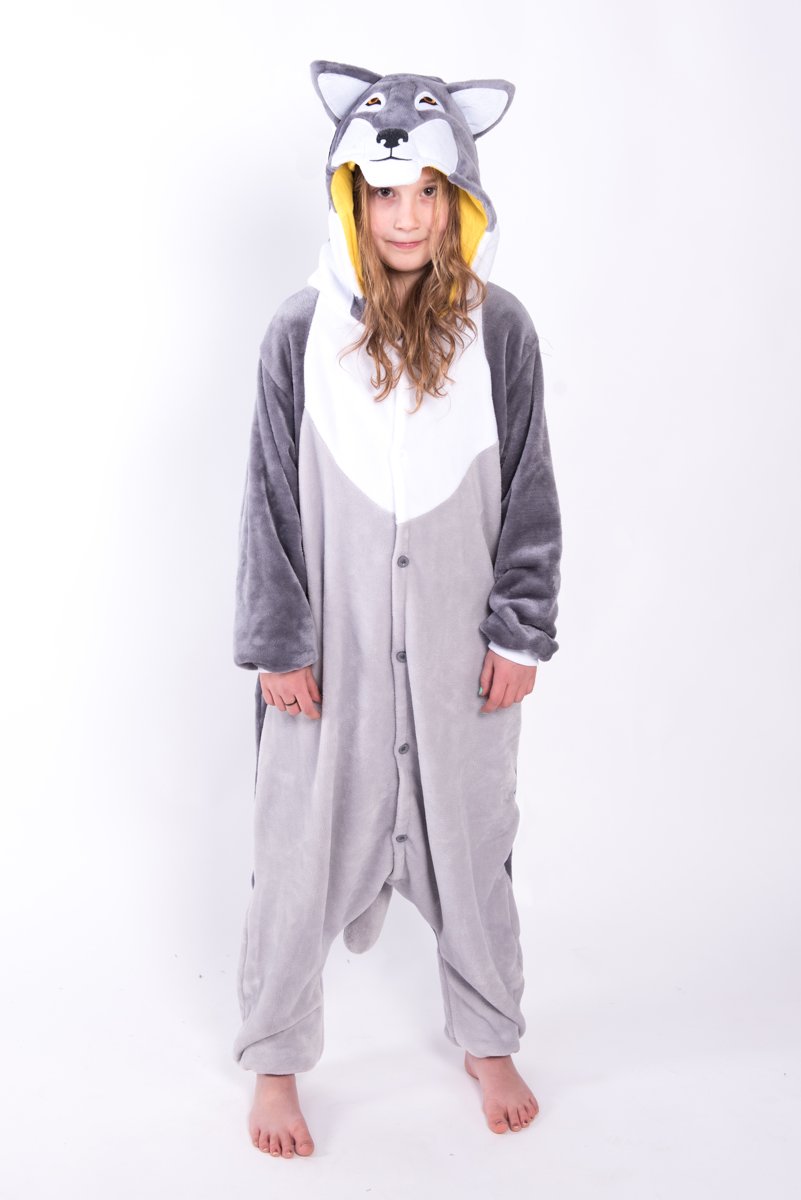 KIMU onesie wolf kinder pak kostuum grijs - maat 128-134 - wolvenpak jumpsuit pyama