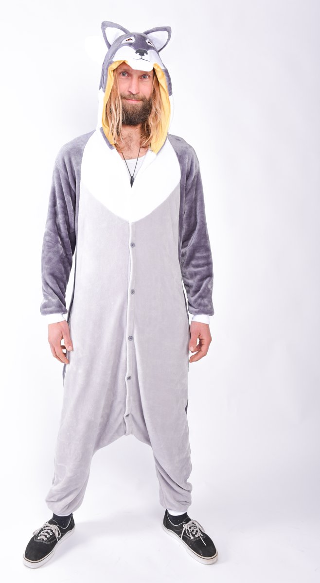 KIMU onesie wolf pak kostuum grijs - maat L-XL - wolvenpak jumpsuit huispak