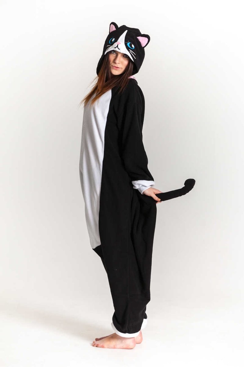 KIMU onesie zwarte kat kinder pak poes kostuum - maat 110-116 - poezenpakje kattenpakje jumpsuit pyama