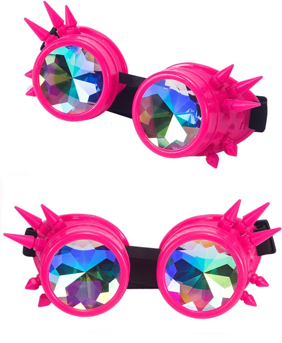 Caleidoscoop bril goggles Steampunk - roze bont - holografisch pluche rave burning man festival