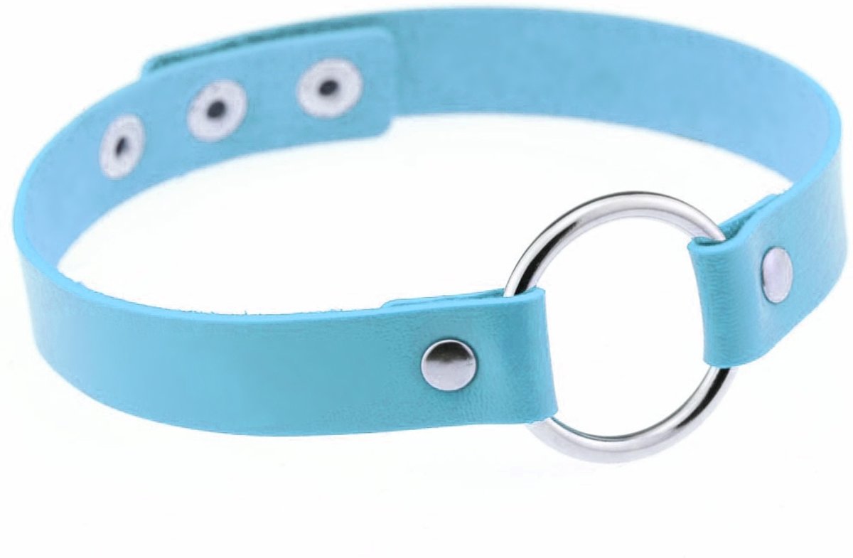 Choker blauw leer ring - collar ketting halsband - sexy gag leren nepleer festival