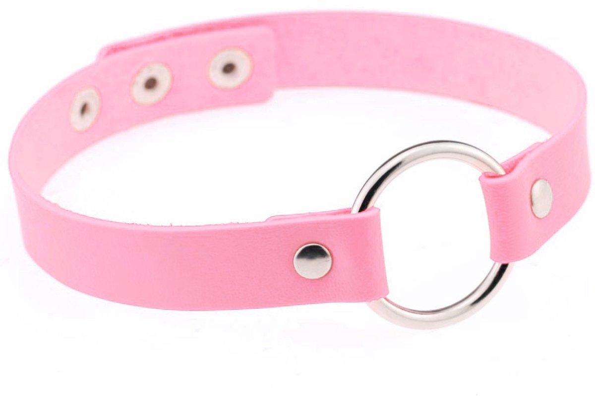 Choker lichtroze leer ring - collar ketting halsband - roze sexy gag leren nepleer festival