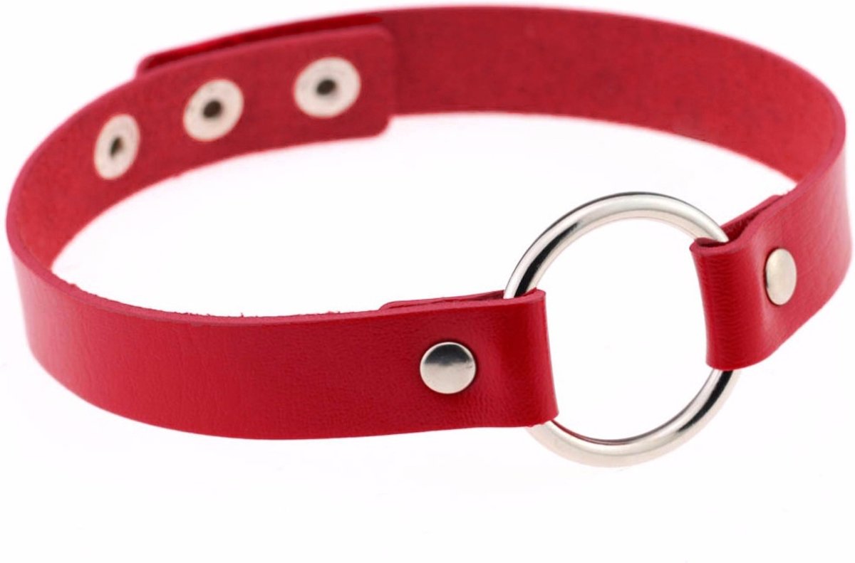 Choker rood leer ring - collar ketting halsband - sexy gag leren nepleer festival