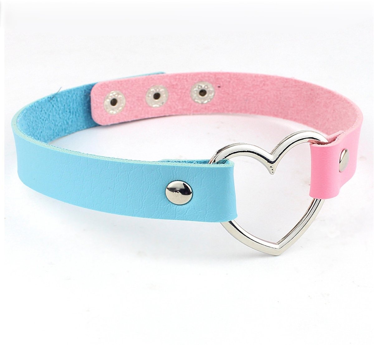 Choker roze blauw leer hartje - collar ketting hart halsband - leren nepleer festival