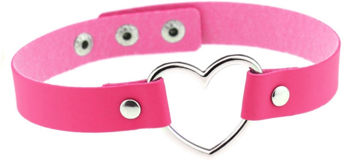 Choker roze leer hartje - collar ketting hart halsband - donkerroze leren nepleer festival