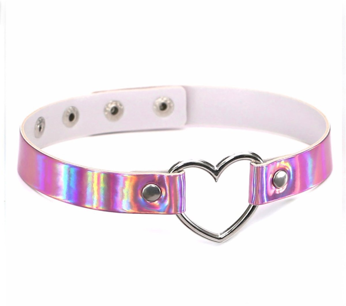 Choker roze leer holografisch hartje - iridescent collar ketting halsband sexy festival