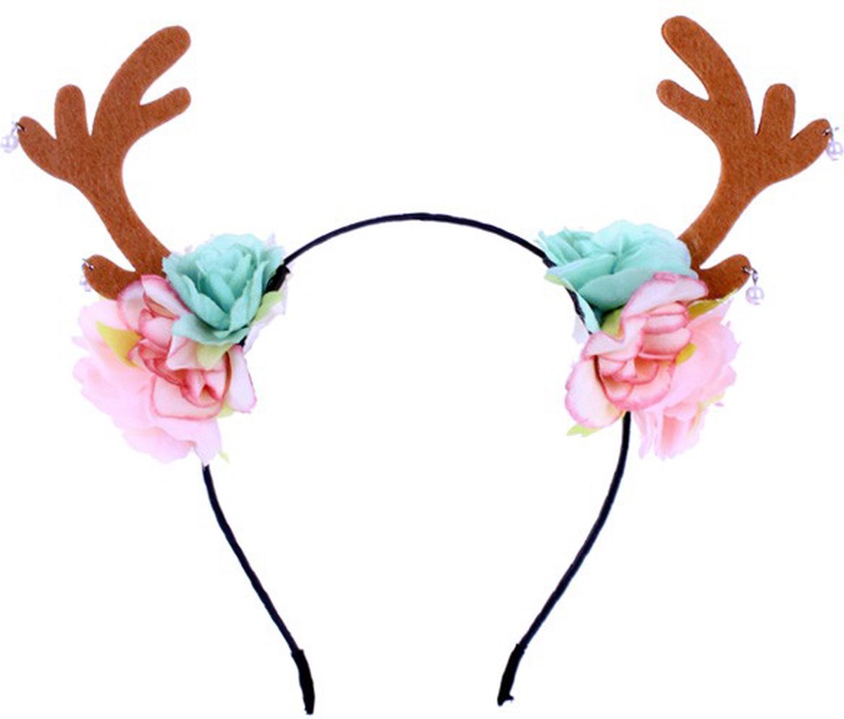 Diadeem rendier - mint groene en lichtroze bloemen - haarband kerst Rudolf