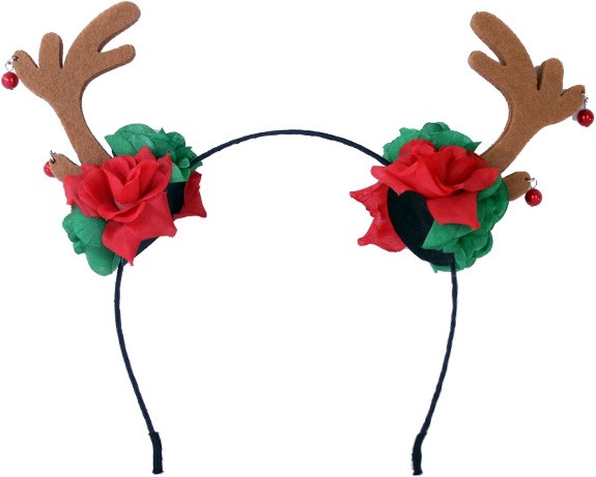 Diadeem rendier - rode en groene bloemen - haarband kerst Rudolf