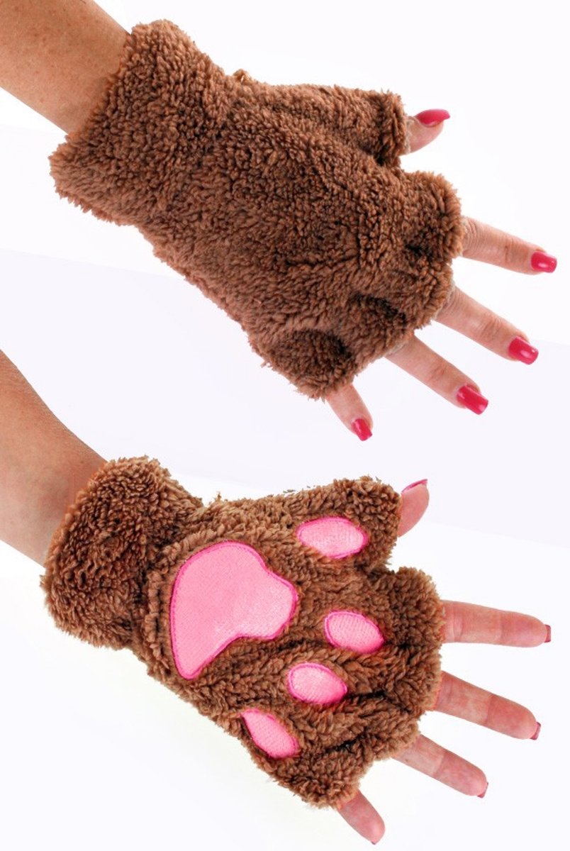 Dierenpoot vingerloze handschoenen bruin pluche - vingerloos beer pootjes - harige kattenpootjes hondenpootjes berenpoten faux fur nepbont carnaval