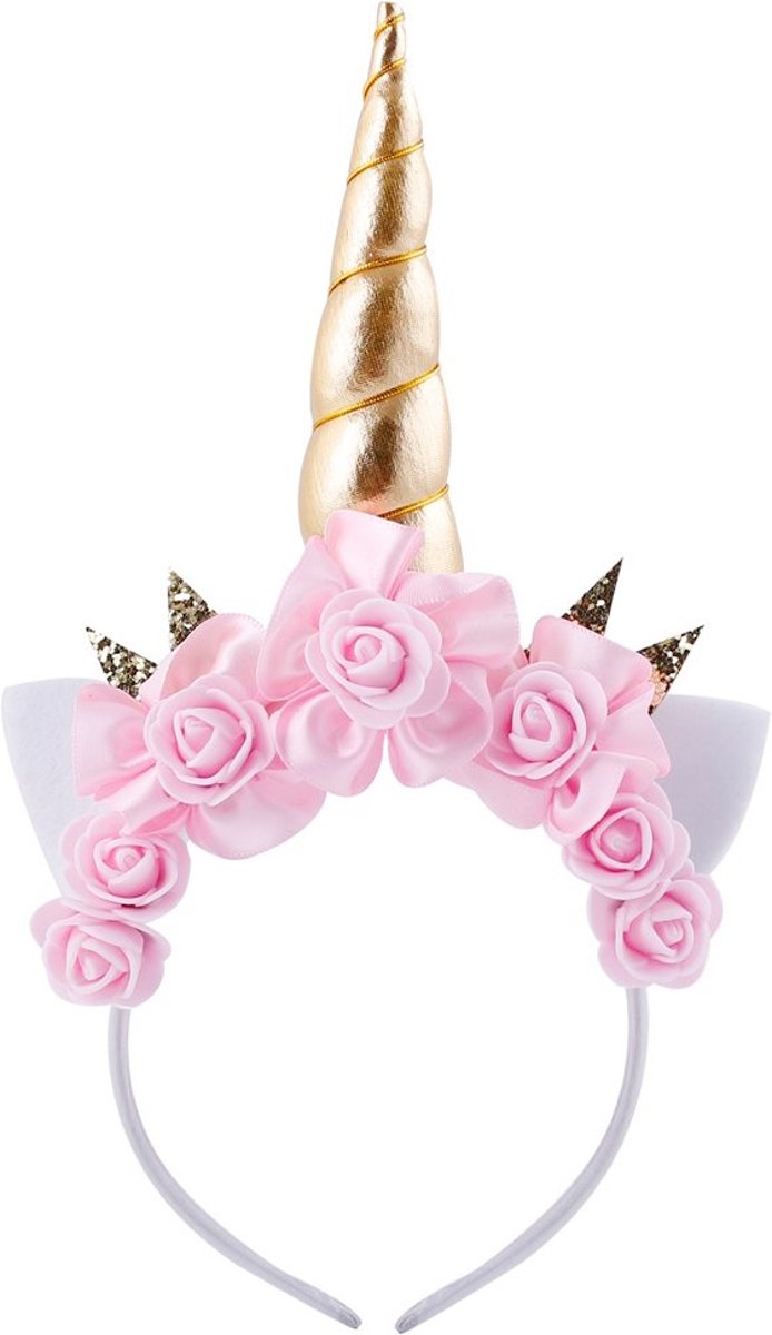 Eenhoorn diadeem roze unicorn haarband goud met oortjes en bloemetjes - gouden hoorn glitter lolita metallic - festival carnaval kinderfeestje Burning Man - lichtroze bloemen