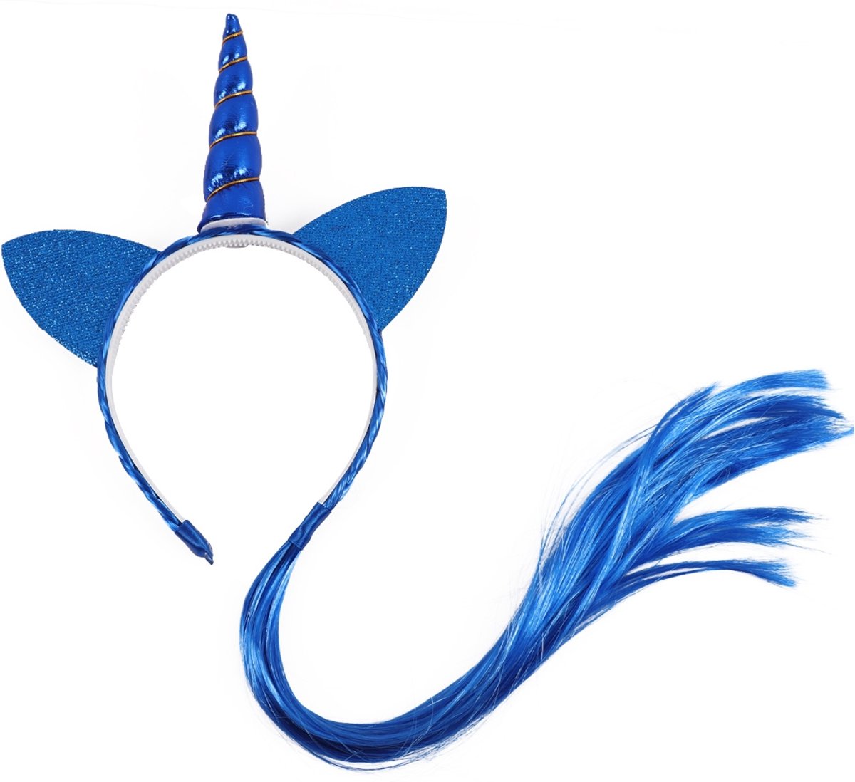 Eenhoorn haarband blauw unicorn diadeem met oortjes en nephaar - blauwe hoorn haar glitter lolita metallic - festival carnaval kinderfeestje Burning Man