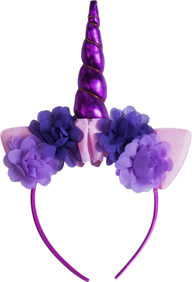 Eenhoorn haarband paars unicorn diadeem met oortjes en bloemetjes - paarse hoorn glitter lolita metallic - festival carnaval kinderfeestje Burning Man - bloemen paars roze