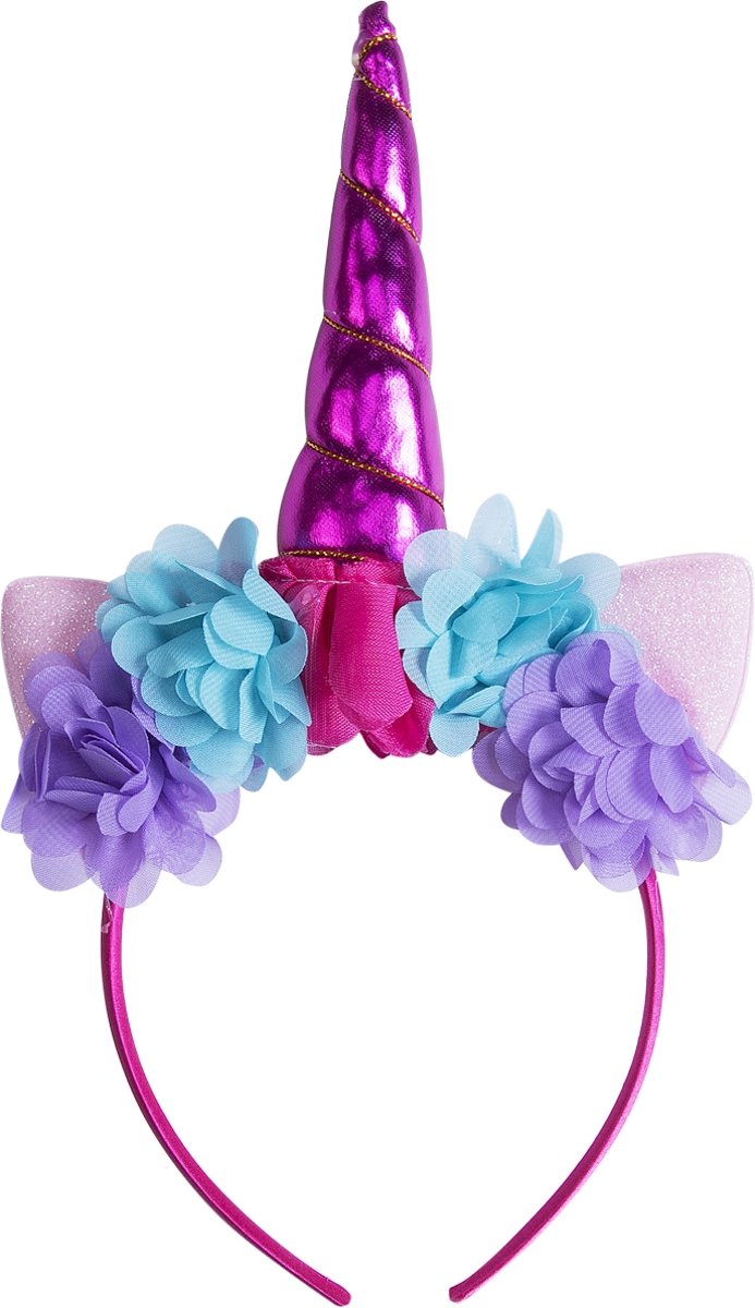 Eenhoorn haarband roze unicorn diadeem met oortjes en bloemetjes - pink hoorn glitter lolita metallic - festival carnaval kinderfeestje Burning Man - bloemen paars blauw roze