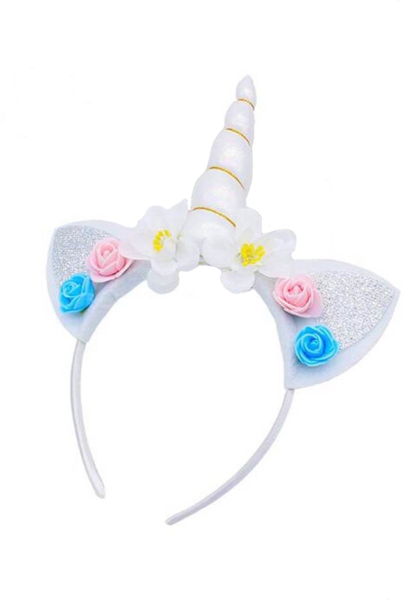 Eenhoorn haarband wit unicorn diadeem met oortjes en bloemetjes - witte hoorn glitter lolita metallic - festival carnaval kinderfeestje Burning Man - bloemen blauw roze wit