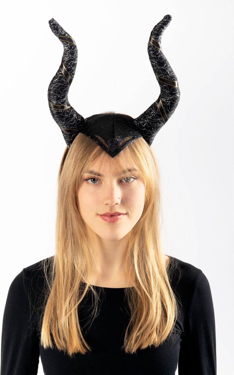 Grote hoorns heks haarband zwart zilver glitter - diadeem maleficent horens halloween