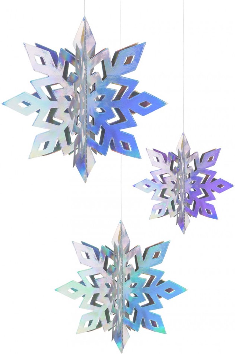 Hangdecoratie sneeuwvlokken zilver holografisch sterren - kerststerren ijskristallen iridescent - 6 stuks