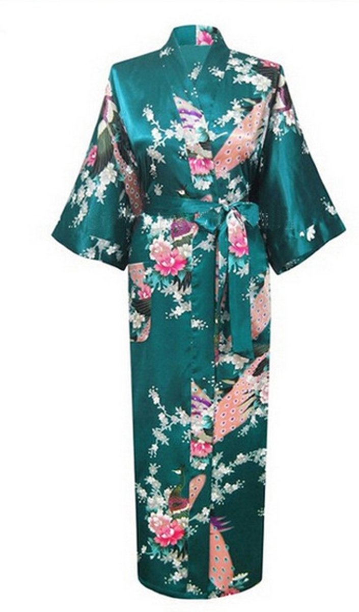 Japanse petrol kimono yukata geisha 3/4 jas - maat L-XL - turquoise lang vest Aziatische ochtendjas driekwart kamerjas wrap dress Japan badjas