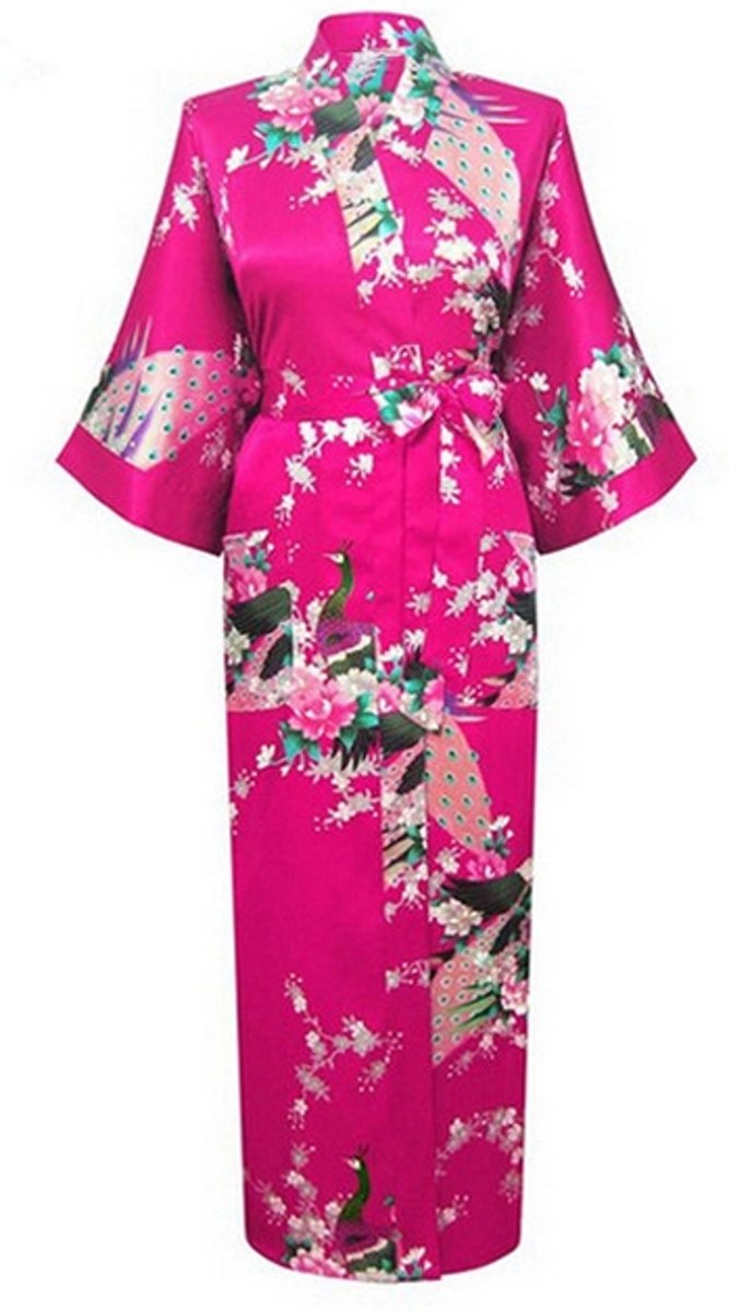 Japanse roze kimono yukata geisha 7/8 jas - maat S-M - donkerroze lang vest Aziatische ochtendjas kamerjas wrap dress Japan badjas - tot op de enkels