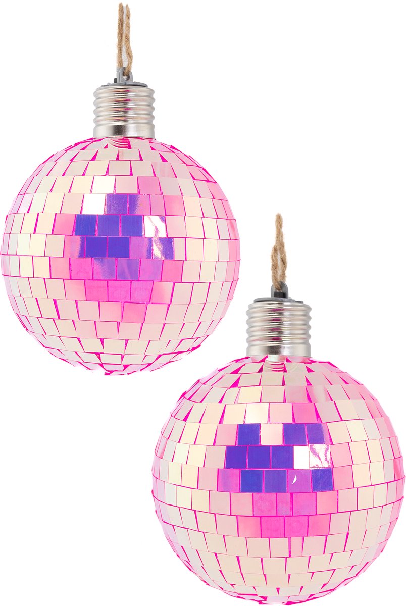   2x Discobal Ø 10 cm LED Iridescent Roze -   Klein Spiegelbol Glitterbol Glitter Spiegeltjes Disco Bal Bol Decoratie Kerstballen Kerstbal Halloween