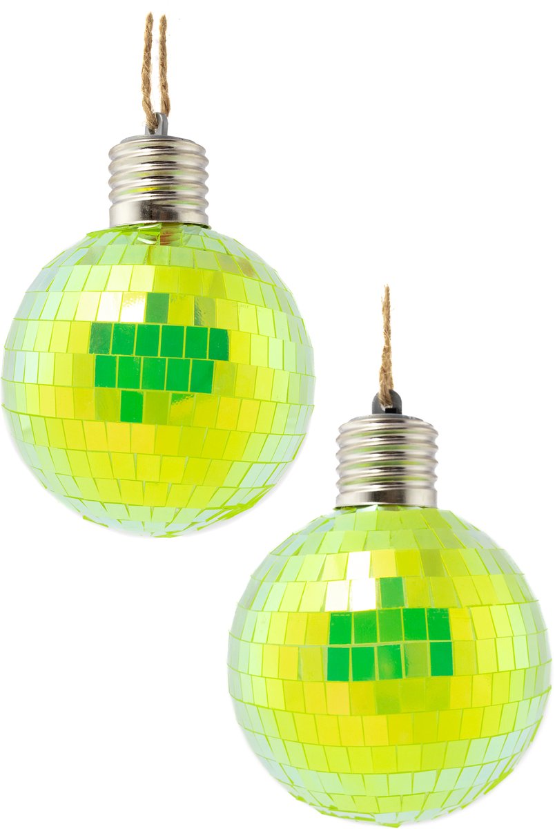   2x Discobal Ø 8 cm LED Iridescent Geel -   Klein Spiegelbol Glitterbol Glitter Spiegeltjes Disco Bal Bol Decoratie Kerstballen Kerstbal Halloween