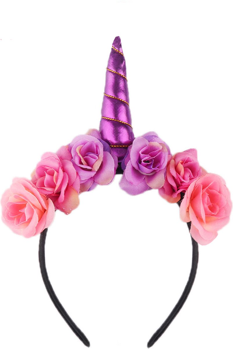   Bloemen Eenhoorn Haarband Paars - Unicorn Diadeem Paarse Hoorn Glitter - Bloemetjes Roze Paars Festival