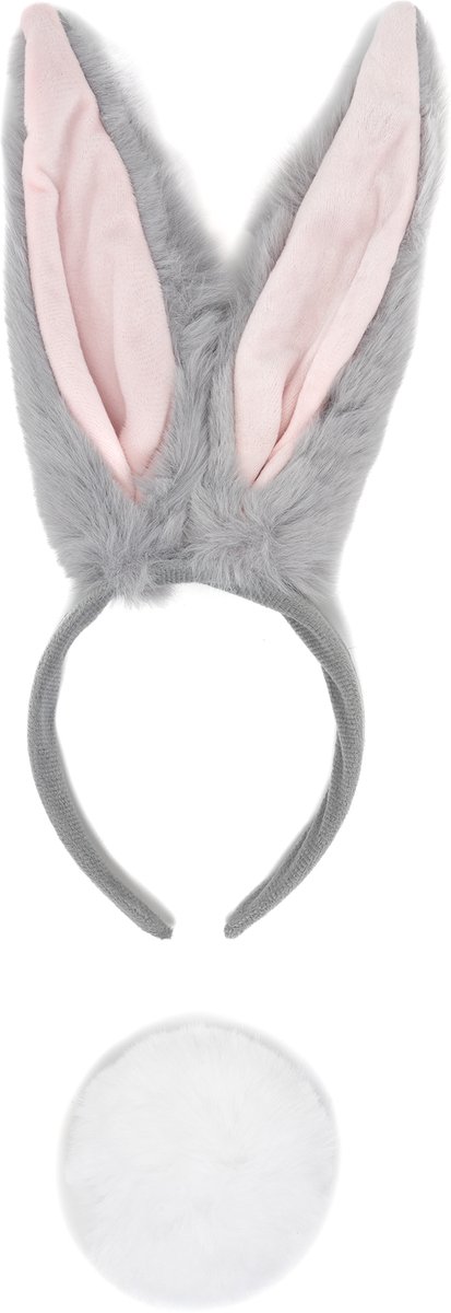   Haarband Konijn Lange Oren Grijs met Staart - Diadeem Konijnenoren - Oortjes Bugs Bunny Paashaas Haas Pasen Paasviering Festival