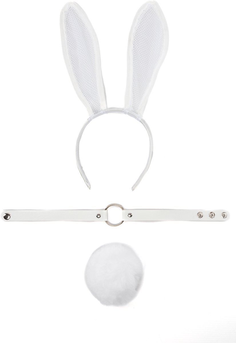   Haarband Set Bunny Wit Gaas - Konijn Oren, Staart & Choker - Diadeem Konijnenoren Mesh - Playboy Sexy Oortjes Rave Paashaas Festival