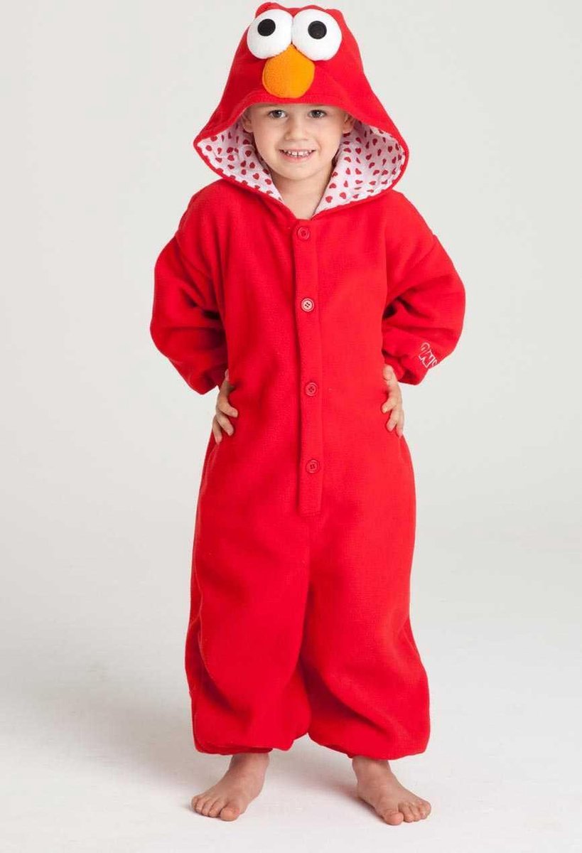 KIMU Onesie Elmo pak kind kostuum Sesamstraat - maat 128-134 - rood Elmopak jumpsuit pyjama