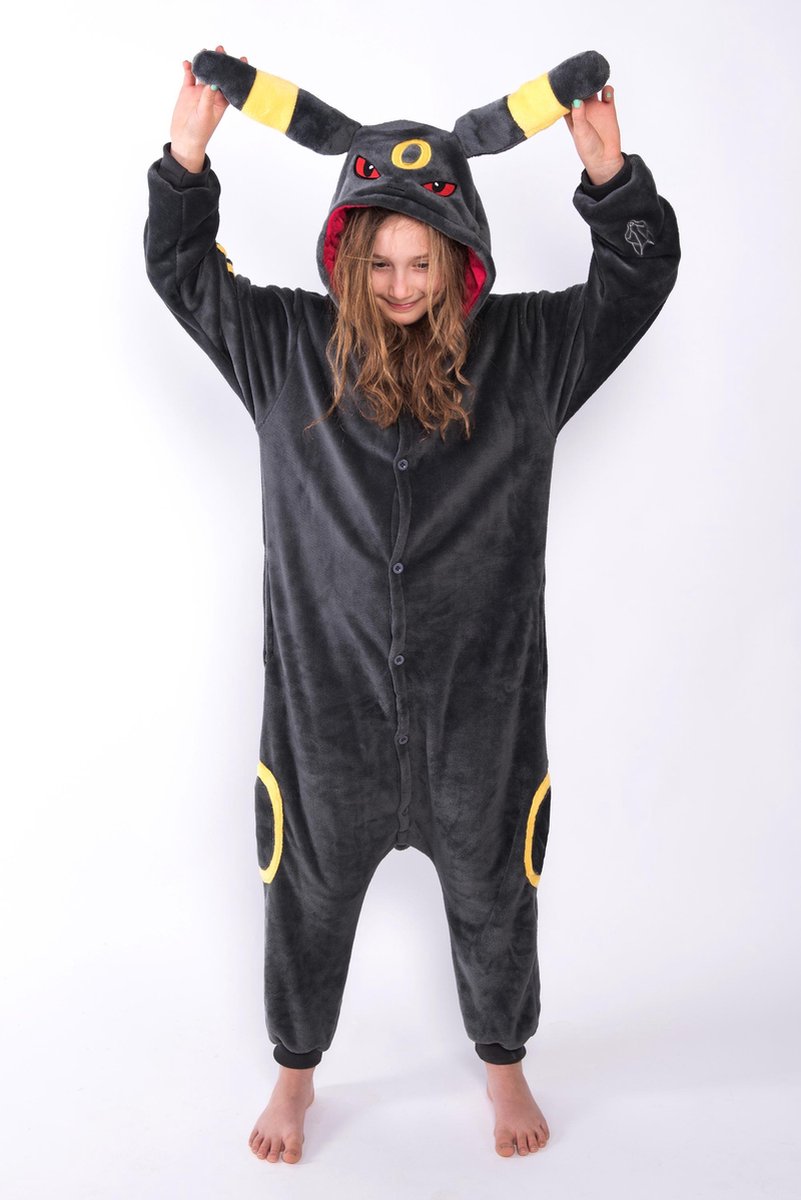 KIMU Onesie Umbreon Pokemon pak kostuum vos antraciet - maat M-L - Umbreonpak jumpsuit huispak festival