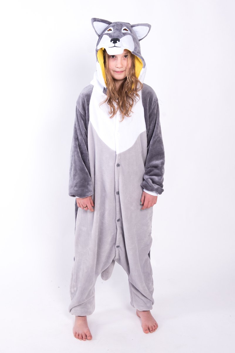 KIMU Onesie wolf husky pak kostuum grijs - maat 140-146 - hond wolvenpak jumpsuit pyjama