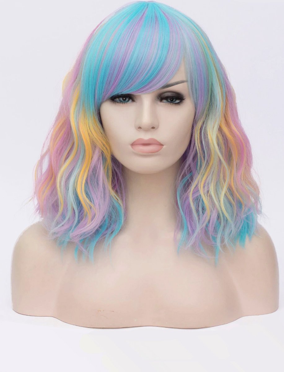 KIMU luxe pastel regenboog pruik schouderlengte met schuine pony krullen - unicorn eenhoorn