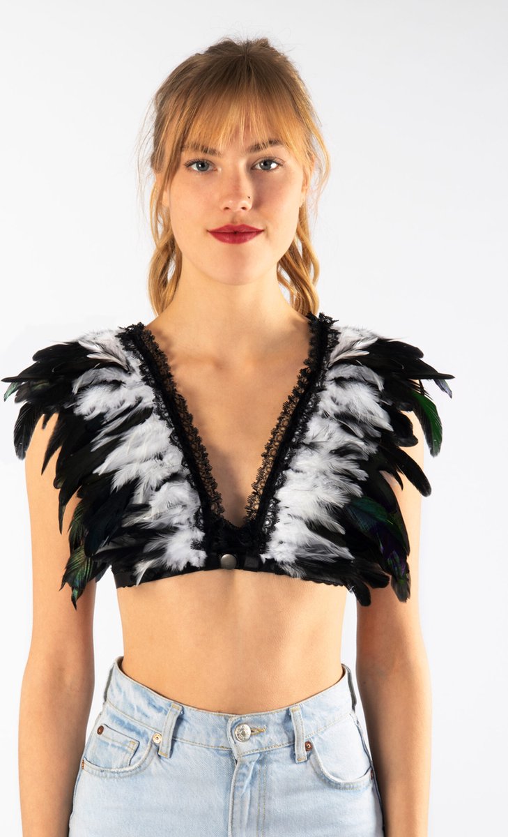 KIMU® Veren top zwart wit - XS S M - eskimo vogel showgirl verentopje indiaan adelaar ekster - steampunk verentop crop topje veertjes pakje indianen