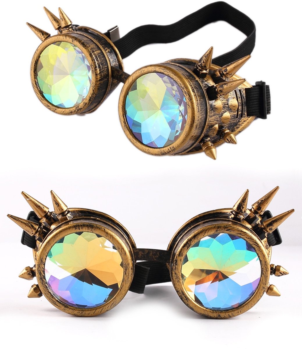 Kaleidoscoop goggles bril brons met spikes - glas diamant kaleidoscope space caleidoscoop optisch magisch toverkijker holografisch - festival carnaval steampunk Burning Man