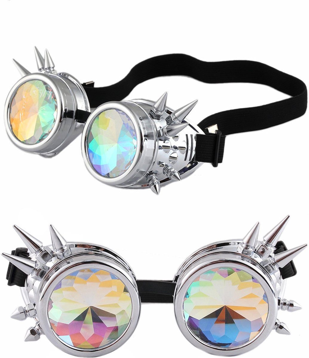 Kaleidoscoop goggles bril zilver chroom met spikes - glas diamant kaleidoscope space caleidoscoop optisch magisch toverkijker holografisch - festival carnaval steampunk Burning Man