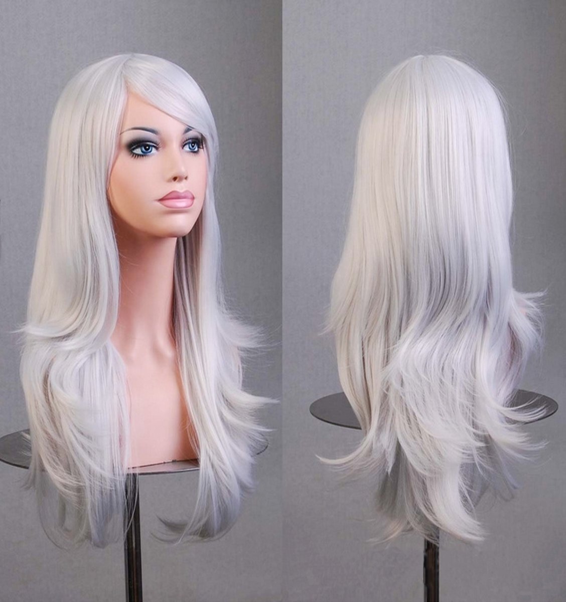 Luxe lange wit grijze pruik - witte wig lang met schuine pony - zeemeermin mermaid haarwerk carnaval