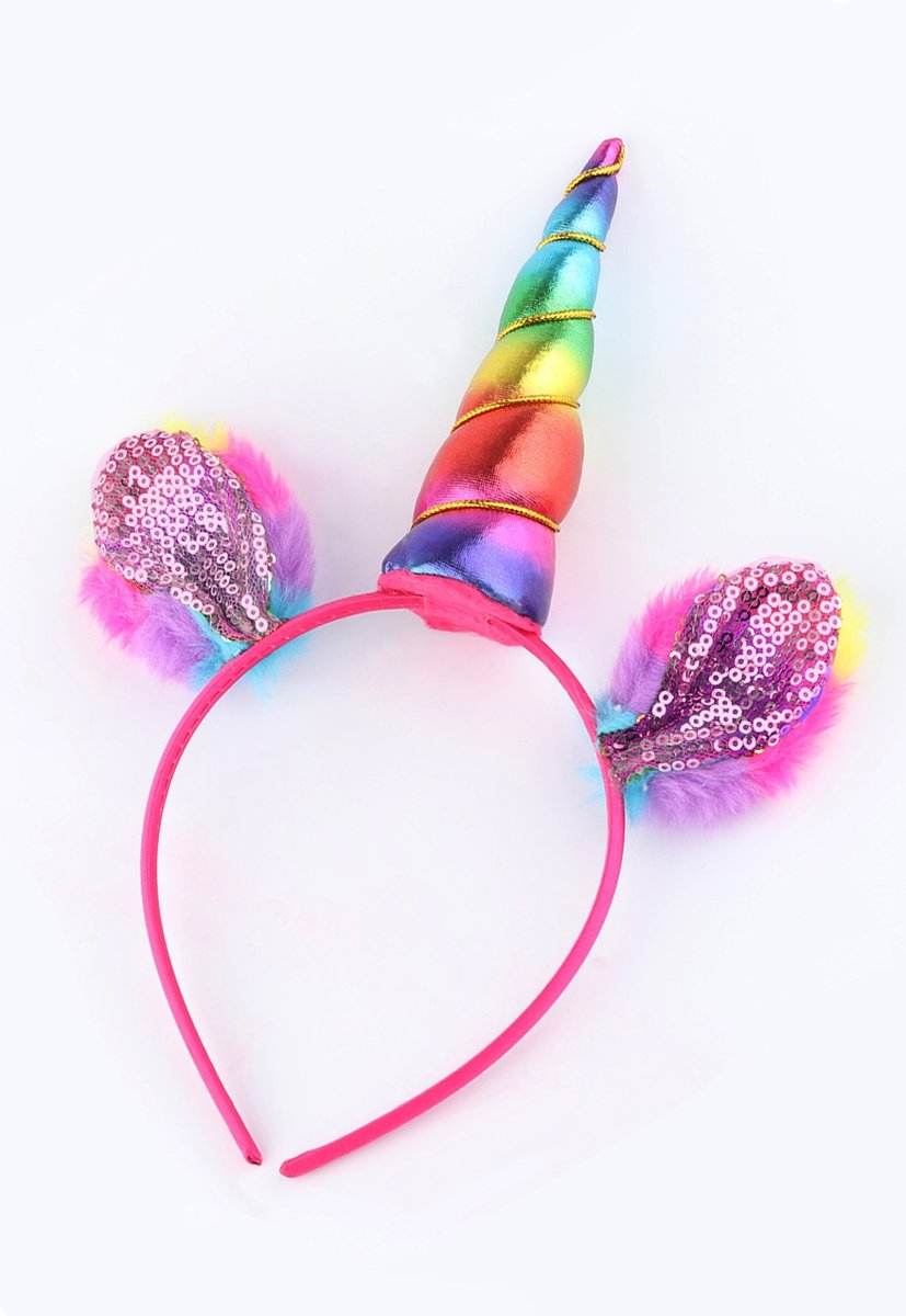 Pluche eenhoorn haarband roze unicorn diadeem met oortjes - regenboog hoorn haar glitter lolita metallic - festival carnaval kinderfeestje Burning Man - nepbont faux fur rainbow