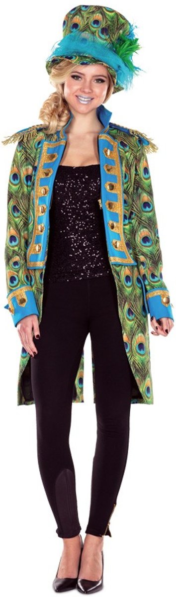 Slipjas pauw pauwveer circus - maat 48 XL - blauw groen goud piraten piratenjas circusjas pauwenprint dames carnaval