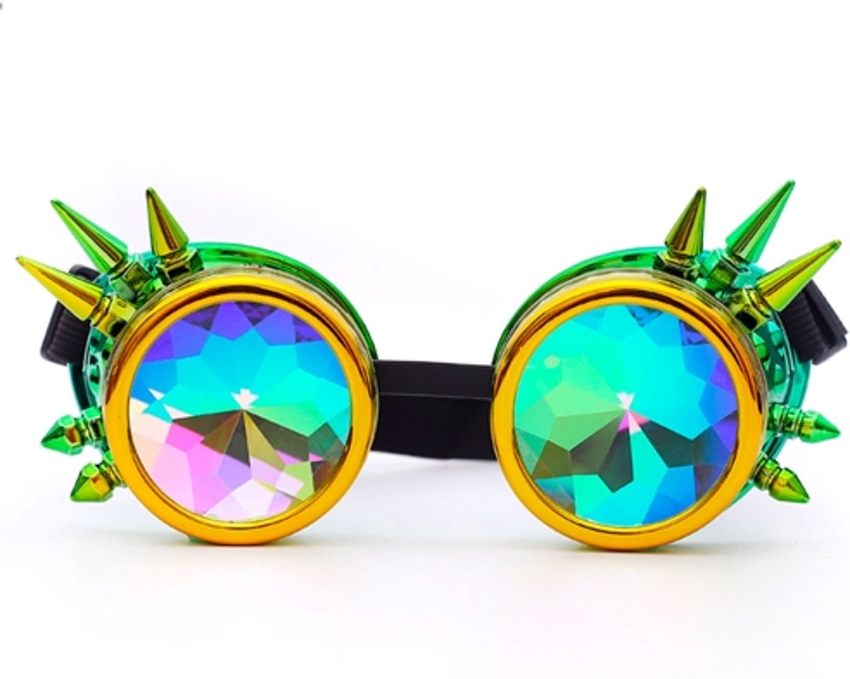 Steampunk bril goggles caleidoscoop - geel groen spikes - natural high