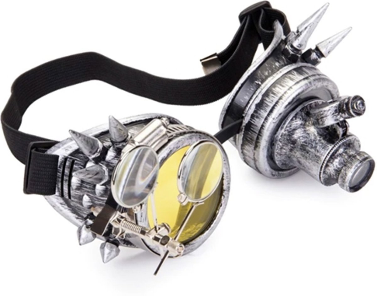 Steampunk bril goggles zilver - led lampje, vergrootglas en geel glas