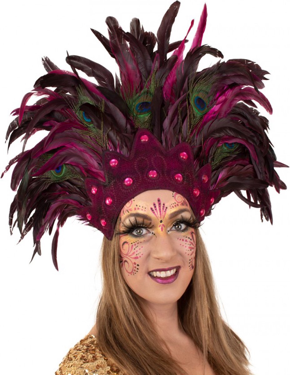 Verentooi roze burlesque pauwenveren hoofdtooi zomercarnaval