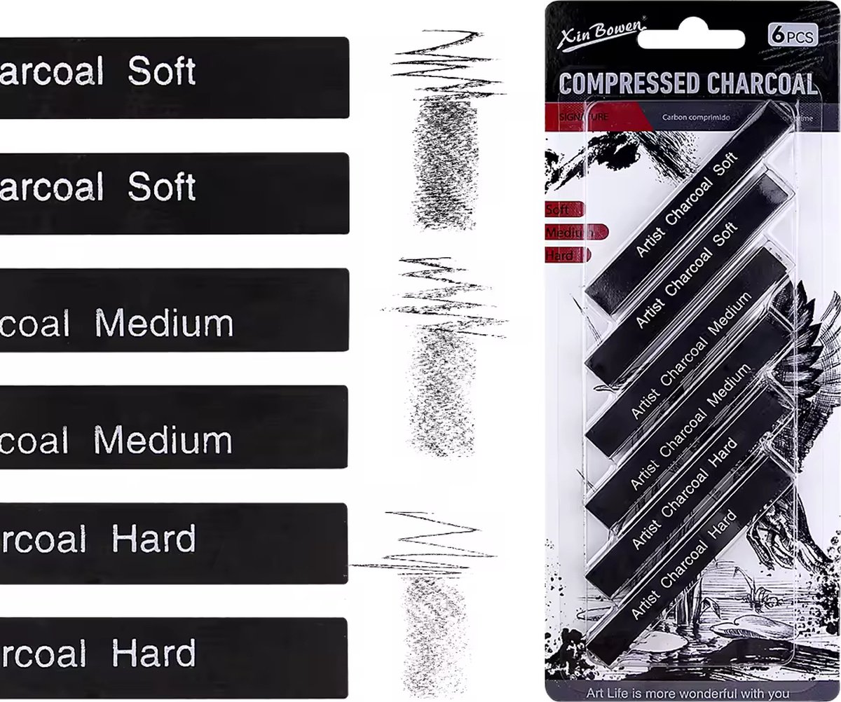Houtskool Sticks - Geperst Houtskool - Compressed Charcoal - Houtskool Sticks - 6 stuks