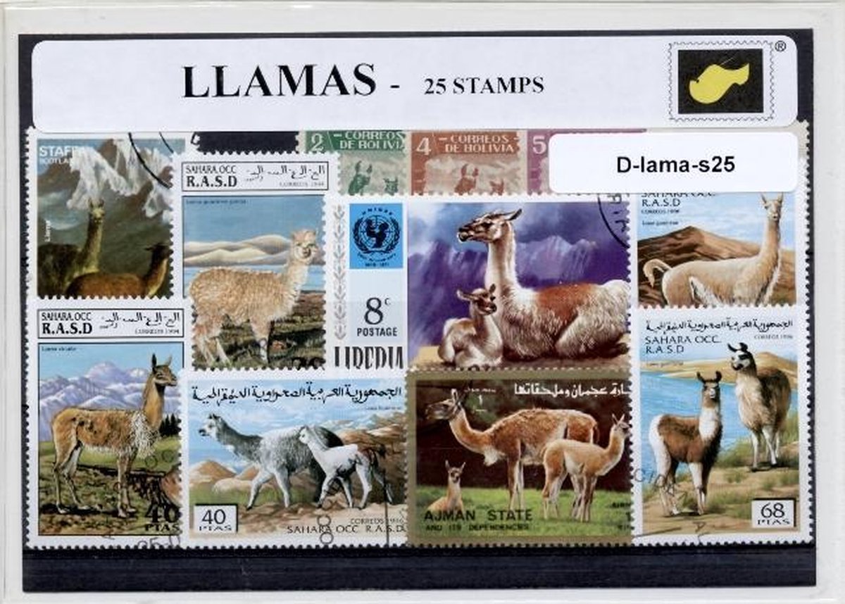 Lamas – Luxe postzegel pakket (A6 formaat) : collectie van 25 verschillende postzegels van lamas – kan als ansichtkaart in een A6 envelop - authentiek cadeau - kado - geschenk - kaart  - spugen - lama - Lama glama - schaapskameel - hoefdier