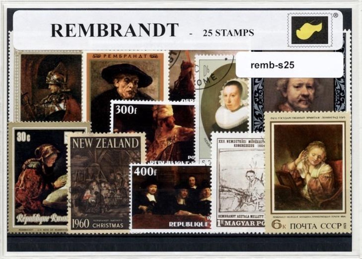 Rembrandt van Rijn – Postzegelpakket (A6 formaat) : collectie van 25 verschillende postzegels van Leeuwen. Cadeau tip ! Het product is te verzenden als kaart in een A6 envelop